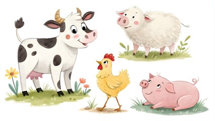 Naklejka premium Farm Animal Watercolor Illustrations for Kids, Children’s Book Farm Animal Art Collection