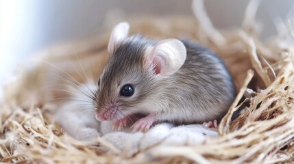 Close-up of a Cute Mouse in a Nest
