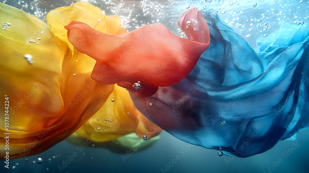 Poster colorful sheer fabrics dancing underwater with bubbles creating a dreamy and ethereal scene of fluid