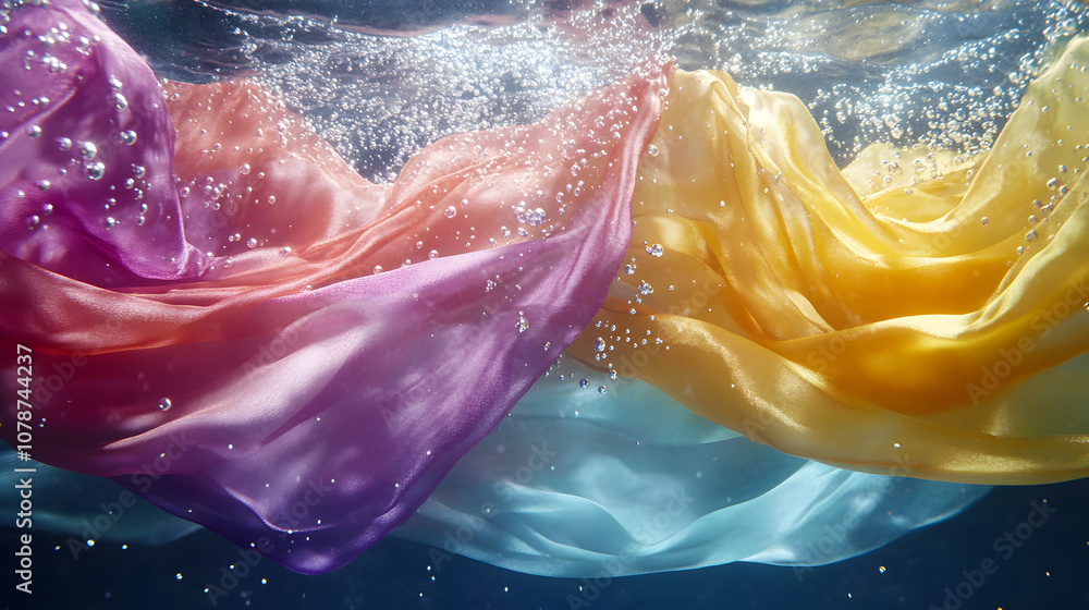 Poster colorful silks flowing gracefully underwater, creating an ethereal scene with air bubbles and light 