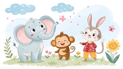 Naklejka premium Whimsical Watercolor Animals for Children’s Stories, Cute and Playful Animal Illustrations