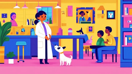 A vibrant veterinary clinic scene featuring a doctor, patients, and a playful dog.