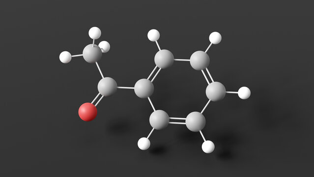acetophenone molecule 3d, molecular structure, ball and stick model, structural chemical formula aromatic ketone