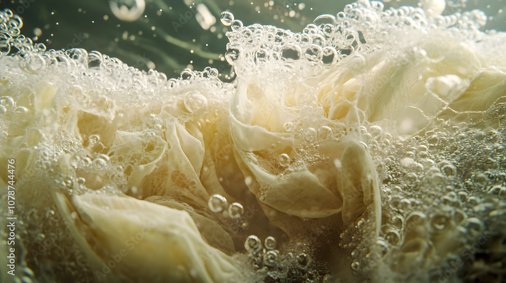 Poster captivating close-up of bubbles and foam in water with soft white textures creating an abstract, eth