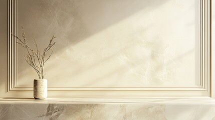 Minimalist design with a clean beige tabletop and marble countertop. Classic wall panel background for product displays in a luxurious setting.