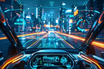 Futuristic Car Interior in a Modern Digital City