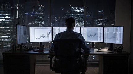 Focused individual analyzing financial data on multiple computer screens at night.