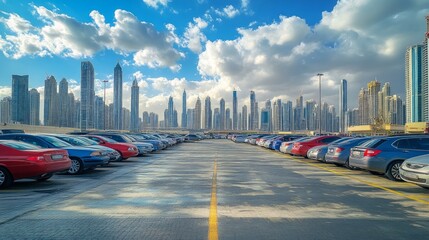 Obraz premium A parking lot with rows of cars, with a view of a modern city skyline in the background.