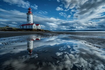 Tranquil Lighthouse Reflection in Wet Sand