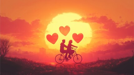 Obraz premium A couple riding bicycles together with heart-shaped wheels, symbolizing shared motivation and drive in love, against a dreamy Valentine’s sunset backdrop.