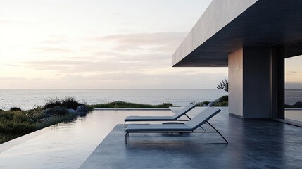 Fototapeta premium Terrace by the sea with a minimalist gray concrete floor. Two lounge chairs invite relaxation in a modern, open-air setting.