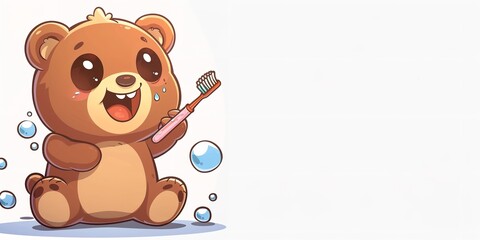 Fototapeta premium A cute beer brushing its teeth in a vector illustration with space for text on a white background, Generative AI.