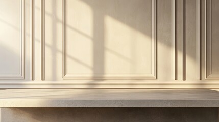 Fototapeta premium A beige tabletop in front of classic wall panels, perfect for showcasing cosmetics, drinks, or food. Empty concrete countertop ready for presentation.