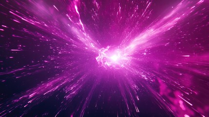 Naklejka premium A burst of glowing neon pink light energy with purple rays shooting through space. An abstract, futuristic design.