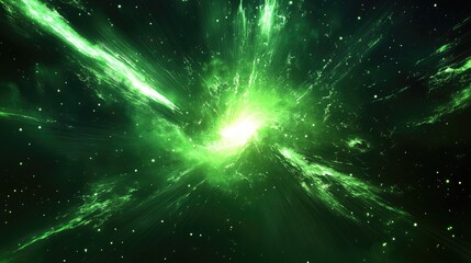 Obraz premium A burst of neon green light in space, with energy rays stretching outward, creating an abstract and energetic atmosphere in a futuristic scene.