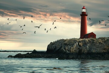 Obraz premium Red Lighthouse with Flying Birds Against Dramatic Sky