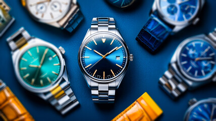 Collection of stylish wristwatches displayed on a vibrant blue surface, showcasing various designs and colors