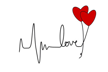 Hand-drawn vector illustration of a heartbeat rhythm with heart-shaped balloons
