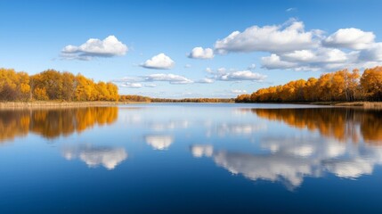 Fototapeta premium Discover the Serenity of Autumn Trees Reflected in a Calm Lake Under a Clear Blue Sky