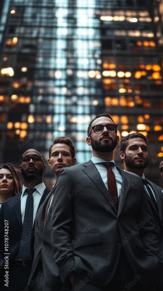Poster a group of men in suits stand in front of a tall building