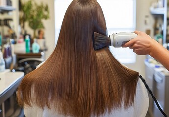 Fototapeta premium Hairdresser Styling Long Brown Hair with Electric Brush