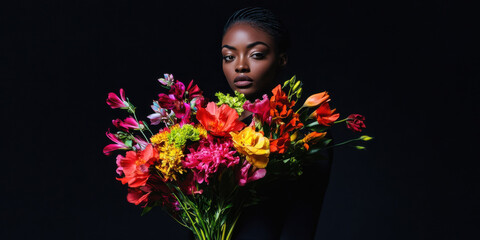 Fototapeta premium A model dressed in a sleek black outfit, standing against a pitch-black backdrop, holding a bright, multicolored bouquet of flowers