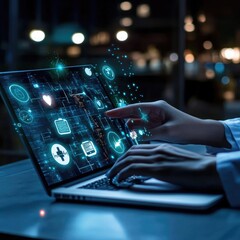 Doctor using laptop, glowing medical icons.
