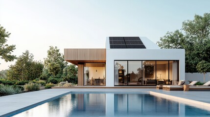 Fototapeta premium Showcasing a solar home with an innovative water management system and clean lines