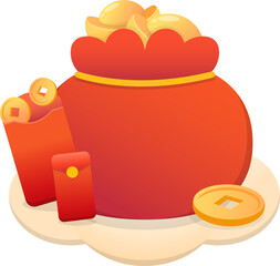 Red money bag filled with ingots and money, red envelope and coins, Chinese New Year illustration