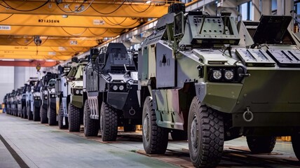 Line of military armored vehicles in a factory setting, illustrating the strength and preparation of defense machinery