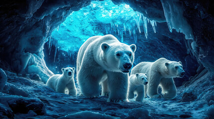 Ai generated illustration with a family of polar bears inside a frozen cave with ice crystals 