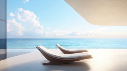 Fototapeta premium Modern attic room with a beach view from a concrete terrace. Two chaise lounges face the ocean in a serene, airy design.