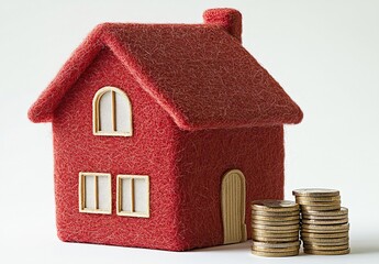 Woolen Red House Model with Coin Stacks for Home Investment