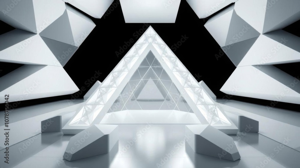 Poster white geometric 3d background with light high tech surface and triangular pyramids, architecture, wh