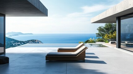 Fototapeta premium Spacious terrace with a breathtaking sea view. Concrete flooring and two comfortable chaise lounges in a modern interior setup.