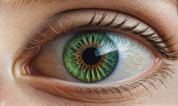 A close-up of a green eye with a detailed iris - Powered by Adobe