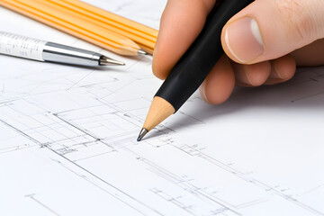 A close-up of an engineer's hands sketching a design on a blueprint, with drafting tools surrounding them. An engineer at work.


