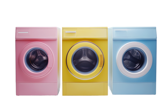 Three colorful washing machines in pastel shades arranged in a row, perfect for modern laundry rooms and interior design inspiration