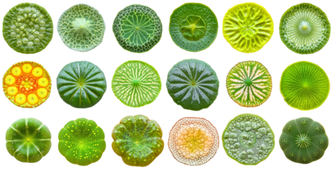 Colorful assortment of green algae samples showcasing diverse shapes and textures against a white background