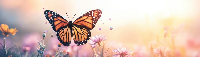 Obraz premium A vibrant butterfly rests delicately on colorful flowers, showcasing nature's beauty in a serene spring setting.