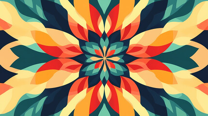 A colorful and vivid symmetric abstract design with floral kaleidoscope patterns, ideal for creative backgrounds. Kaleidoscope. Illustration