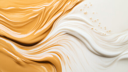 Abstract fluid art composition with swirls of brown and white colors blending smoothly, featuring glossy texture and small droplets for an organic and dynamic visual effect.