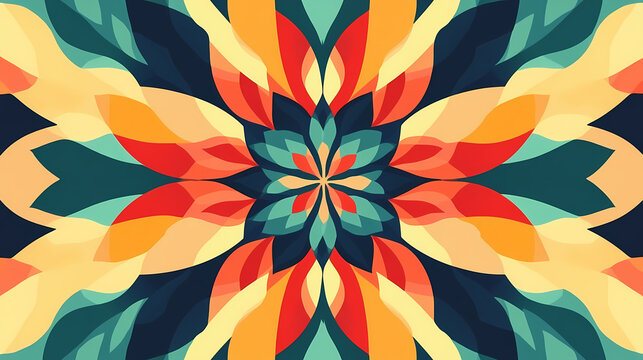 A colorful and vivid symmetric abstract design with floral kaleidoscope patterns, ideal for creative backgrounds. Kaleidoscope. Illustration