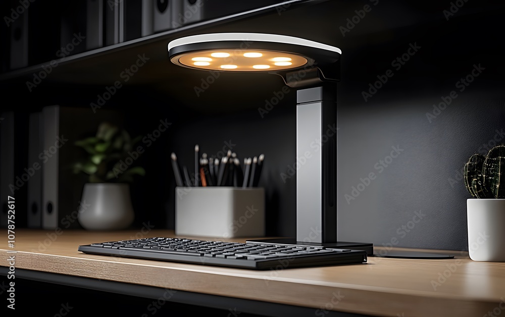 Poster a modern desk setup featuring a sleek lamp and keyboard, ideal for work or study.