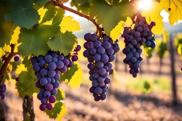Fototapeta premium A grapevine branch with clusters of purple grapes in a sunlit vineyard leaves golden from the sun, Ai Generated
