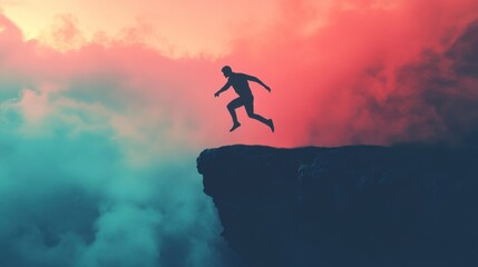Silhouette of a Man Leaping from a Cliff into a Dramatic Sky