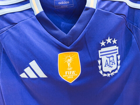Detail of the official shirt of the Argentina national football team. Soccer. Rio de Janeiro, RJ, Brazil. 09 November 2024