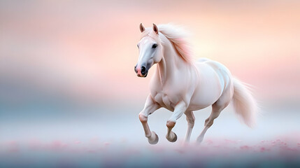 Obraz premium Beautiful white stallion gallops freely across the snowy field