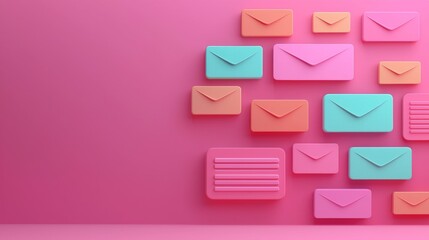 Email communication concept. A colorful arrangement of envelopes on a pink background, creating a vibrant and playful visual theme.