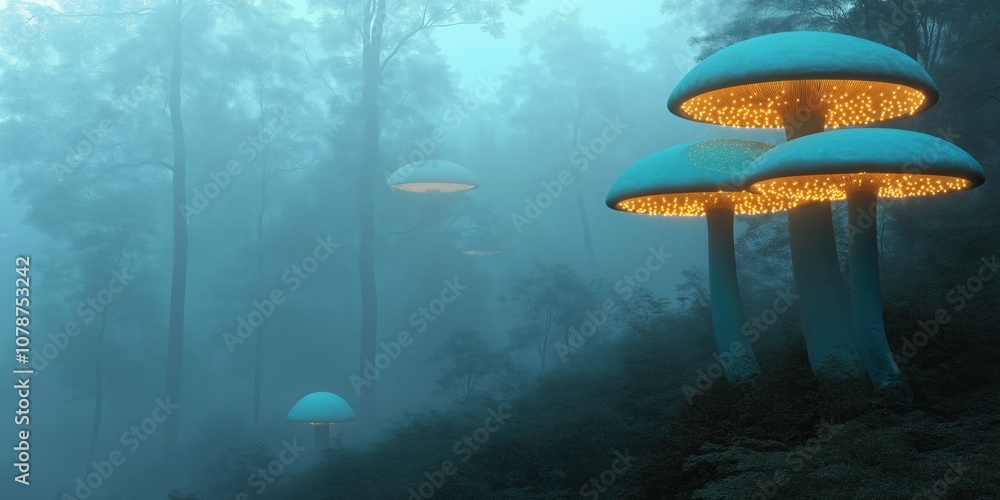 Poster a forest scene with three glowing mushrooms. scene is mysterious and ethereal. the mushrooms are ill